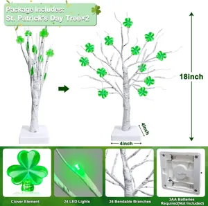 St. Patrick's Day LED Birkenbaum Licht mit Kleeblatt 18 Zoll 24 LEDs Innendekoration