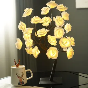 24LED Rose Arbre Lumière Artificielle Fleur Branche Veilleuse Romantique Saint Valentin