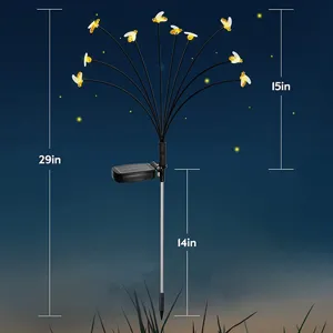 Detailansicht der Solar-Bienen-Gartenleuchte mit Maßangaben, Erdspieß und Solarpanel.