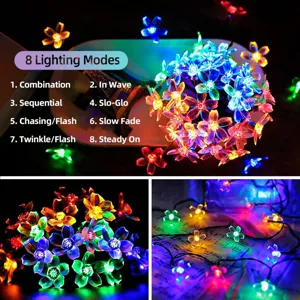 Guirlande lumineuse LED solaire à fleurs avec 8 modes, parfaite pour la déco de jardin.