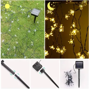 Détails d'installation de guirlande lumineuse solaire fleurs et effet jour et nuit.