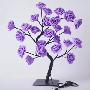 Détail de l'arbre lumineux roses violettes avec 24 LED, branches noires et alimentation USB.