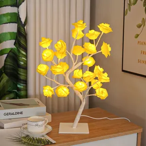 24 LED Rose Arbre Lumière Fleur Artificielle Veilleuse Lampe De Table Décoration Cadeau Romantique