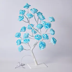 Lampe arbre rose LED avec roses artificielles bleues, veilleuse décorative USB pour la chambre.