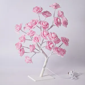 Lampe arbre de roses LED avec fleurs roses, veilleuse décorative alimentée par USB.