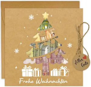 Folding Christmas greeting card with money holder envelope hemp rope and gift tag design.