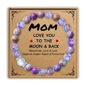 Imperial jasper and moonstone beaded bracelet with MOM card for Mother's Day gift.