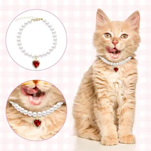 Close-up detail shot of a cute cat wearing a pearl necklace with red heart gemstone.