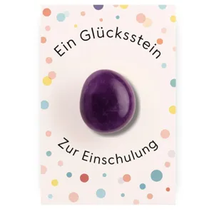 Natural crystal stone detail showing purple tumbled gemstone on a greeting card for school.