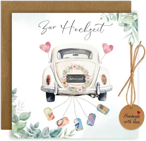 Wedding greeting card with vintage car watercolor design, wedding gift card with envelope.