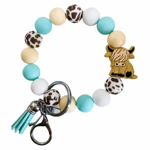 Porte-clés Bracelet en Perles de Silicone avec Charm Mignon de Vache des Highlands et Glands