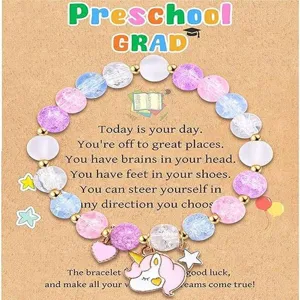 Detailed view of the preschool graduation beaded crystal bracelet with cute unicorn charm gift.