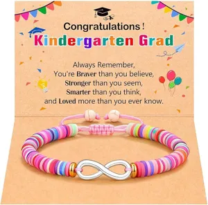 Colorful clay bead graduation bracelet with infinity charm and greeting card for kids.