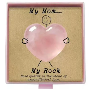Natural rose quartz crystal heart stone gift with special blessing card for mom.
