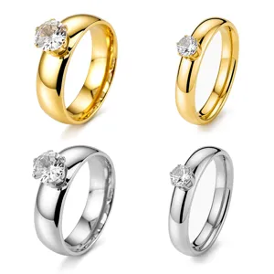 Minimalist 304 Edelstahl Zirkonia Eingelegter Ring Einfacher Vier-Klauen Solitär Polierter Bandring Für Herren Damen Mode Schmuck