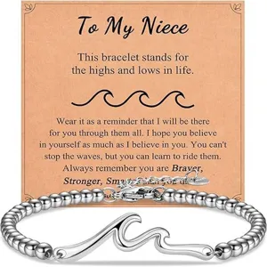 Stainless steel wave beaded bracelet for niece, silver charm bracelet with greeting card gift.