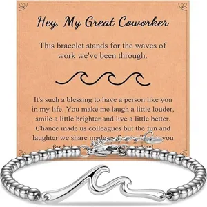 Stainless steel wave bead bracelet detail, coworker gift jewelry with greeting card.