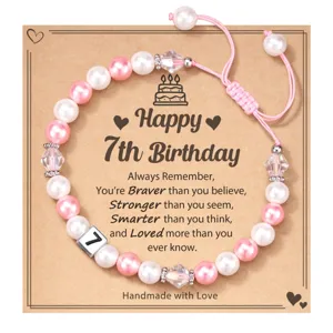 Handmade Artificial Pearl Beaded Birthday Bracelet with Card Stainless Steel Square Bead Adjustable Friendship Jewelry Gift