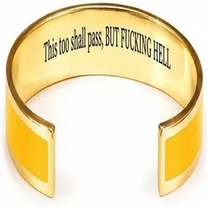Stainless steel open cuff bracelet with engraved inspirational quote, gold color metal jewelry.