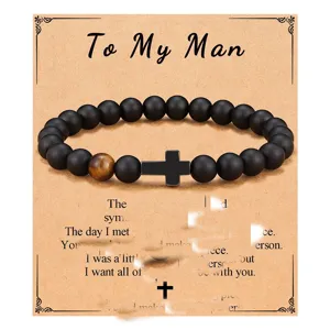 Mens beaded tiger eye stone bracelet with black cross pendant gift fashion jewelry detail view