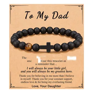 Mens black beaded bracelet with cross pendant and natural tiger eye stone gift for dad