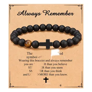 Beaded obsidian tiger eye stone bracelet with cross pendant and motivational card gift