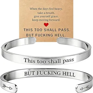 Stainless steel open cuff bracelet with inspirational engraving and custom message display card.