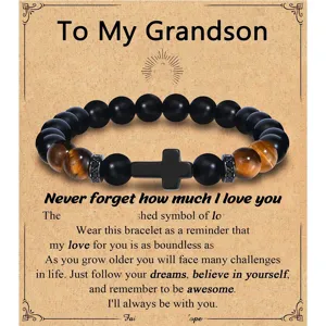 Natural Obsidian Tiger Eye Stone Beaded Bracelet With Black Cross Pendant Men Women Adjustable Rope Jewelry Gift