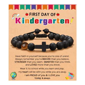 Kids first day of kindergarten black bead bracelet with cross charm and inspiring message card.