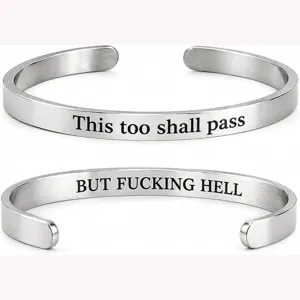 Stainless steel cuff bracelet laser engraved inspirational quote silver open metal bangle