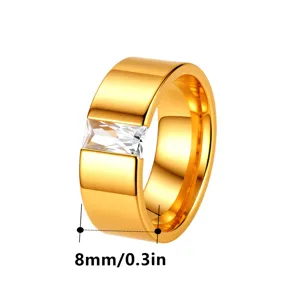 Minimalist stainless steel gold ring featuring a sparkling baguette crystal width 8mm jewelry.