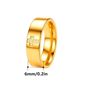 Stainless steel gold cross ring wide band couple jewelry 6mm width minimalist fashion style