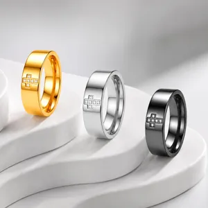 Stainless steel cross rhinestone wide ring, elegant couple statement jewelry accessory.