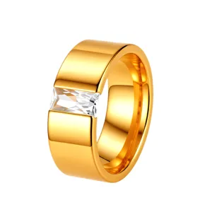 Minimalist Gold Stainless Steel Rectangular Diamond Ring for Women Fashion Everyday Wear