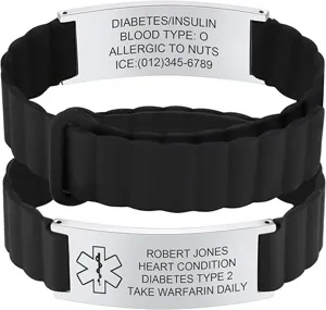 Stainless steel medical alert bracelet with black silicone strap and custom engraved text.