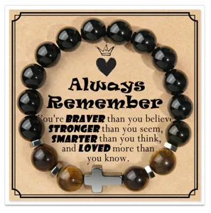 Inspirational black and tiger eye stone cross bracelet with message card for gifts.