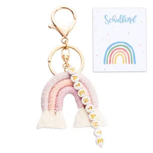 Macrame rainbow keychain with letter beads and cute card, detailed view of woven bag charm.