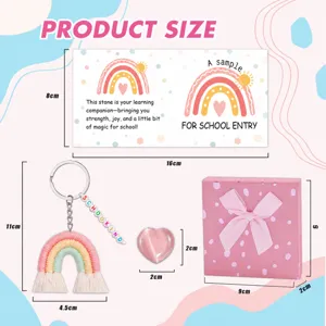 Back to school rainbow keychain gift set with card heart stone and pink box size chart.