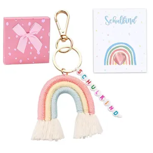 Macrame rainbow keychain with letter beads and gold clasp for back to school gift details.