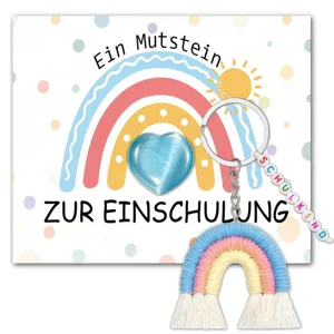 Rainbow woven keychain with Schulkind letter beads and greeting card for back to school kids gift