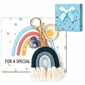 Handmade woven rainbow keychain with heart stone and tassel, cute bag charm and key ring.