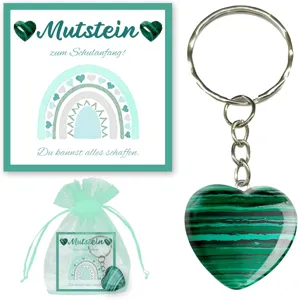 Back to school green malachite heart keychain with blessing card and organza gift bag.