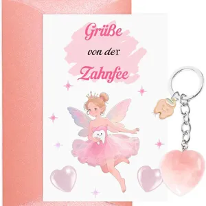 Tooth fairy greeting card set with pink crystal heart keychain for kids and girls