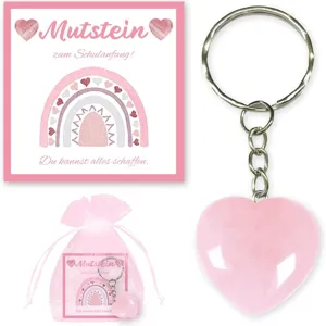 Pink crystal heart keychain with back-to-school rainbow card and gift pouch for students.