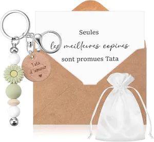 Silikon Perlen Schlüsselanhänger mit Holzanhänger und Grußkarte, ideales zartes Geschenk.