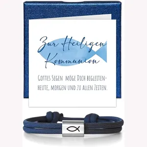 Handgefertigtes Fallschirmseil Armband mit Edelstahl Fisch Anhänger und Kommunionkarte.