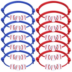 Sporty baseball themed braided adjustable rope bracelets detail view, red and blue set.