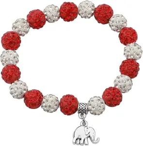 Red white rhinestone disco ball charm bracelet with cute silver elephant pendant jewelry