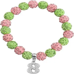 Pink green rhinestone disco ball beads detail with number 8 pendant charm bracelet.