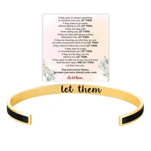 Stainless steel open cuff bracelet with inspirational quote card, minimalist metal jewelry gift.